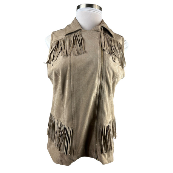 Chico’s Faux Suede Fringe Vest Moto Zip Front Tan Brown Women's Size 2 Large 12 - Picture 4 of 13